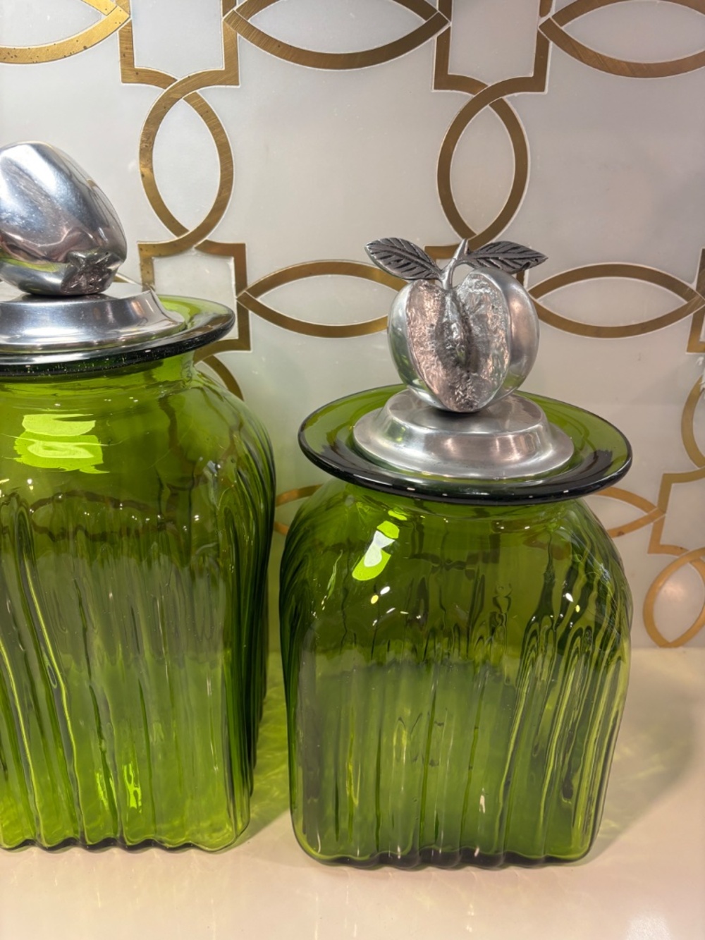 3 Vintage Hand Blown Glass Kitchen Canisters Jars Pewter Tops Fruit Apples Pear - Picture 5 of 15